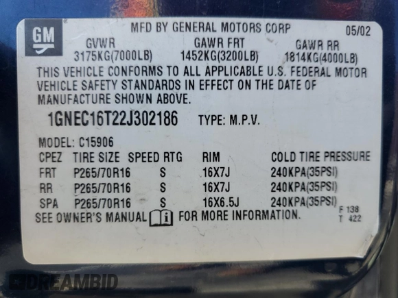 2002 Chevrolet Suburban LS with VIN 1GNEC16T22J302186, listed as a Copart auction lot 49346435 with 220,352 mi miles and Salvage Title. Bid and sale history available at carsss.com. Image 14.