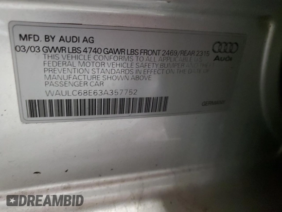 2003 Audi A4 1.8T with VIN WAULC68E63A357752, listed as a Copart auction lot 82393894 with 64,230 mi miles and Salvage Title. Bid and sale history available at carsss.com. Image 12.
