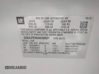 2010 Chevrolet Equinox 2LT with VIN 2CNALPEW9A6368831, listed as a IAAI auction lot 41865484 with 183,346 mi miles and . Bid and sale history available at DreamBid. Image 9.
