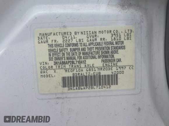2011 Nissan Sentra S with VIN 3N1AB6AP2BL710412, listed as a IAAI auction lot 42276252 with 197,441 mi miles and . Bid and sale history available at DreamBid. Image 9.