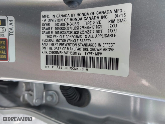 2015 Honda CR-V EX with VIN 2HKRM3H54FH528195, listed as a IAAI auction lot 42019484 with 42,217 mi miles. Bid and sale history available at carsss.com. Image 9.