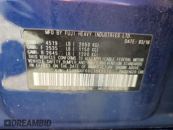 2016 Subaru Legacy Premium with VIN 4S3BNAF66G3049577, listed as a Copart auction lot 57296475 with 173,590 mi miles and Salvage title. Bid and sale history available at DreamBid. Image 12.