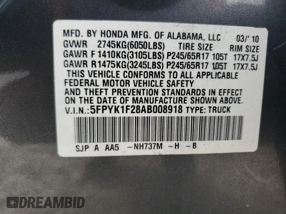 2010 Honda Ridgeline RT with VIN 5FPYK1F28AB008918, listed as a Copart auction lot 70030164 with 0 mi miles and Salvage Title. Bid and sale history available at carsss.com. Image 13.
