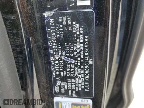 2020 Kia Sedona EX with VIN KNDMB5C14L6609588, listed as a Copart auction lot 48970015 with 50,041 mi miles and Salvage Title. Bid and sale history available at carsss.com. Image 13.