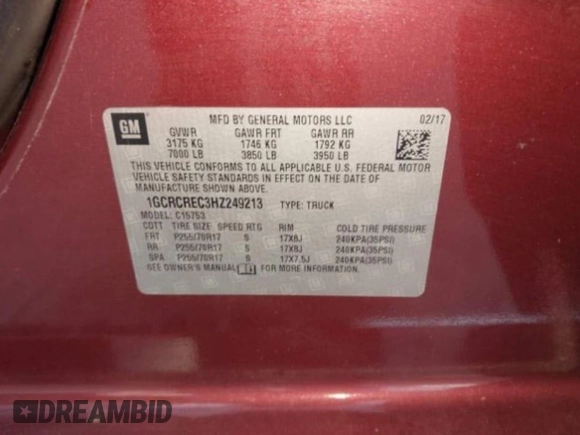 2017 Chevrolet Silverado 1500 LT with VIN 1GCRCREC3HZ249213, listed as a Copart auction lot 49658905 with 84,420 mi miles and Clean Title. Bid and sale history available at DreamBid. Image 10.