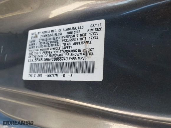 2012 Honda Odyssey EX-L with VIN 5FNRL5H64CB066240, listed as a IAAI auction lot 41792321 with 186,895 mi miles. Bid and sale history available at carsss.com. Image 9.