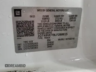 2020 GMC Sierra 3500HD AT4 z VIN 1GT49VEY9LF268615, wystawiony jako Copart lot #83497714 z przebiegiem Nie podano mil oraz Nie do naprawy. Historia ofert i sprzedaży dostępna na DreamBid. Obrazek 12.