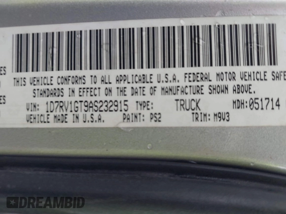 2010 Dodge 1500 Laramie with VIN 1D7RV1GT9AS232915, listed as a IAAI auction lot 41963752 with Not Provided miles and . Bid and sale history available at carsss.com. Image 9.