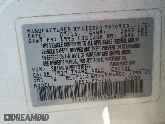 2015 Nissan Sentra SV z VIN 3N1AB7AP9FY318722, wystawiony jako Copart lot #54309455 z przebiegiem 55 901 mil mil oraz Czysty tytuł • Clean title. Historia ofert i sprzedaży dostępna na DreamBid. Obrazek 12.
