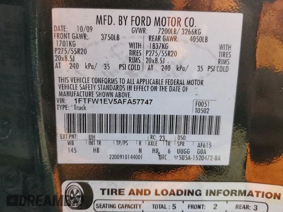 2010 Ford F-150 XL with VIN 1FTFW1EV5AFA57747, listed as a Copart auction lot 58840115 with 178,898 mi miles and Salvage title. Bid and sale history available at DreamBid. Image 12.