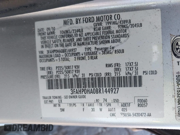 2011 Ford Fusion SE with VIN 3FAHP0HA0BR144927, listed as a IAAI auction lot 41938722 with 138,207 mi miles. Bid and sale history available at carsss.com. Image 9.