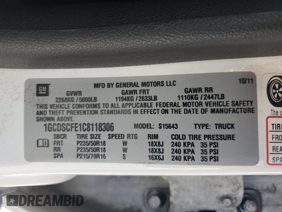 2012 Chevrolet Colorado LT w/1LT with VIN 1GCDSCFE1C8118306, listed as a Copart auction lot 52912165 with 56,478 mi miles and Salvage Title. Bid and sale history available at carsss.com. Image 14.