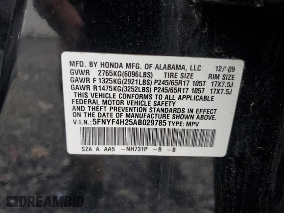 2010 Honda Pilot LX z VIN 5FNYF4H25AB029785, wystawiony jako Copart lot #56976365 z przebiegiem 170 842 mil mil oraz Szkoda całkowita • Salvage title. Historia ofert i sprzedaży dostępna na DreamBid. Obrazek 14.