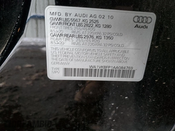 2010 Audi Q5 Prestige with VIN WA1VKBFP1AA084769, listed as a Copart auction lot 89398795 with 146,638 mi miles and Non repairable. Bid and sale history available at DreamBid. Image 14.