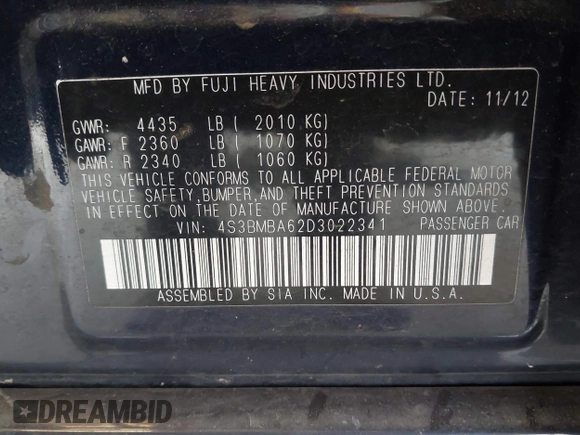 2013 Subaru Legacy 2.5i with VIN 4S3BMBA62D3022341, listed as a IAAI auction lot 42300651 with 203,967 mi miles and . Bid and sale history available at DreamBid. Image 9.