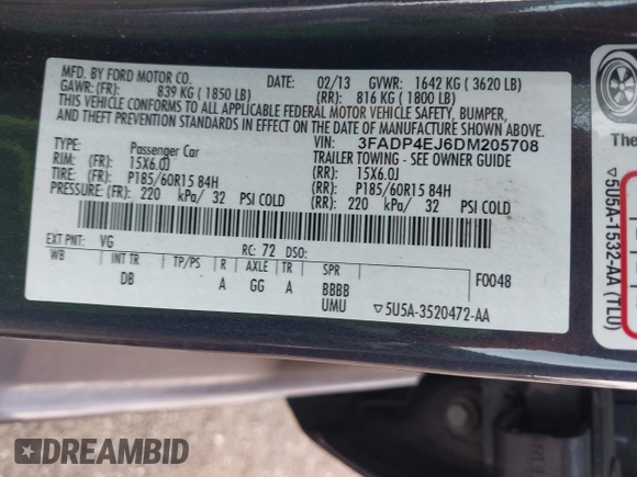 2013 Ford Fiesta SE with VIN 3FADP4EJ6DM205708, listed as a IAAI auction lot 42051721 with 139,143 mi miles. Bid and sale history available at carsss.com. Image 9.