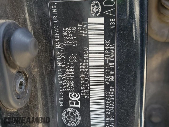 2009 Toyota Matrix S with VIN 2T1LE40E29C001820, listed as a Copart auction lot 53630135 with 335,287 mi miles and Clean title. Bid and sale history available at DreamBid. Image 12.