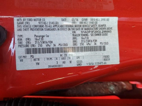 2016 Ford Focus SE with VIN 1FADP3F29GL296660, listed as a Copart auction lot 47859835 with Not Provided miles and Salvage Title. Bid and sale history available at carsss.com. Image 12.