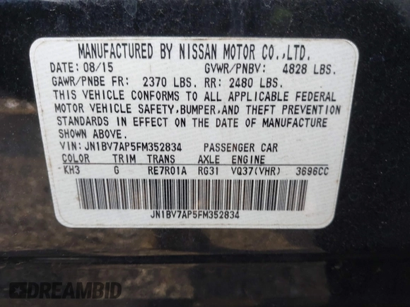 2015 Infiniti Q50 Premium with VIN JN1BV7AP5FM352834, listed as a IAAI auction lot 42037967 with 271,362 mi miles. Bid and sale history available at carsss.com. Image 9.