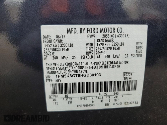 2017 Ford Explorer Sport z VIN 1FM5K8GT9HGD80193, wystawiony jako Copart lot #64571895 z przebiegiem 128 603 mil mil oraz Szkoda całkowita • Salvage title. Historia ofert i sprzedaży dostępna na DreamBid. Obrazek 13.