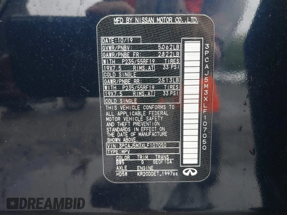 2020 Infiniti QX50 Luxe with VIN 3PCAJ5M3XLF107050, listed as a IAAI auction lot 42176146 with 54,347 mi miles and . Bid and sale history available at DreamBid. Image 9.