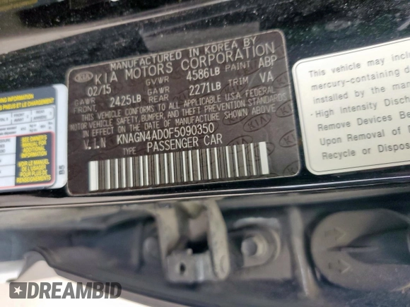 2015 Kia Optima EX with VIN KNAGN4AD0F5090350, listed as a Copart auction lot 57577595 with 109,345 mi miles and Salvage title. Bid and sale history available at DreamBid. Image 12.