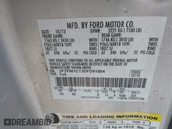 2013 Ford F-150 XL z VIN 1FTFW1CT3DFD91054, wystawiony jako IAAI lot #41948506 z przebiegiem 181 197 mil mil oraz . Historia ofert i sprzedaży dostępna na DreamBid. Obrazek 9.