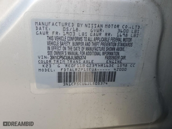 2018 Nissan Kicks SV with VIN 3N1CP5CU6JL505374, listed as a Copart auction lot 47534615 with 120,429 mi miles and Salvage Title. Bid and sale history available at carsss.com. Image 12.