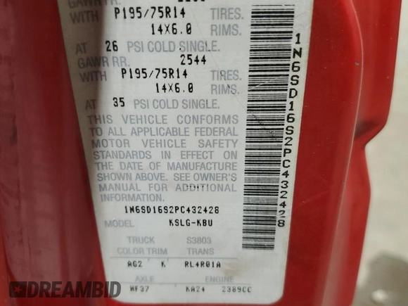 1993 Nissan Frontier with VIN 1N6SD16S2PC432428, listed as a Copart auction lot 45089235 with 126,838 mi miles and Salvage title. Bid and sale history available at DreamBid. Image 12.
