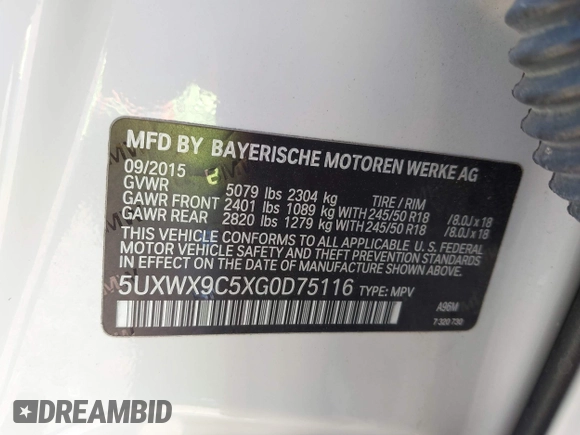 2016 BMW X3 xDrive28i with VIN 5UXWX9C5XG0D75116, listed as a IAAI auction lot 41902673 with 46,200 mi miles and . Bid and sale history available at DreamBid. Image 9.
