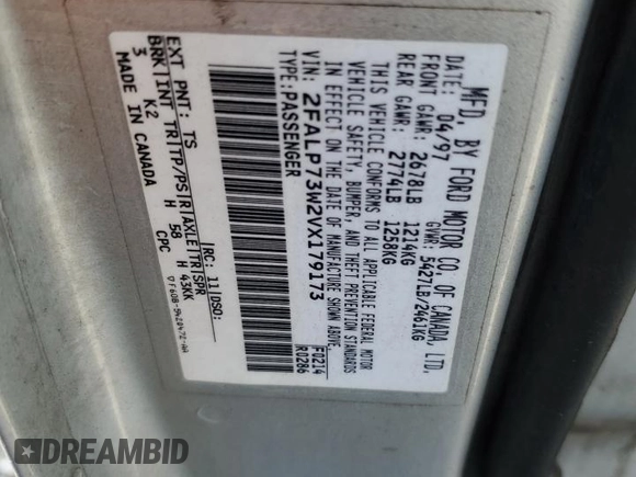 1997 Ford Crown Victoria z VIN 2FALP73W2VX179173, wystawiony jako Copart lot #57828405 z przebiegiem 251 598 mil mil oraz Szkoda całkowita • Salvage title. Historia ofert i sprzedaży dostępna na DreamBid. Obrazek 12.