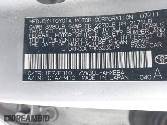 2011 Toyota Prius I with VIN JTDKN3DU7B0323019, listed as a IAAI auction lot 42009507 with 282,412 mi miles. Bid and sale history available at carsss.com. Image 9.