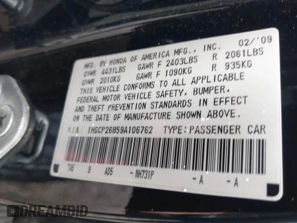 2009 Honda Accord EX-L z VIN 1HGCP26859A106762, wystawiony jako IAAI lot #40072551 z przebiegiem Nie podano mil oraz . Historia ofert i sprzedaży dostępna na DreamBid. Obrazek 9.