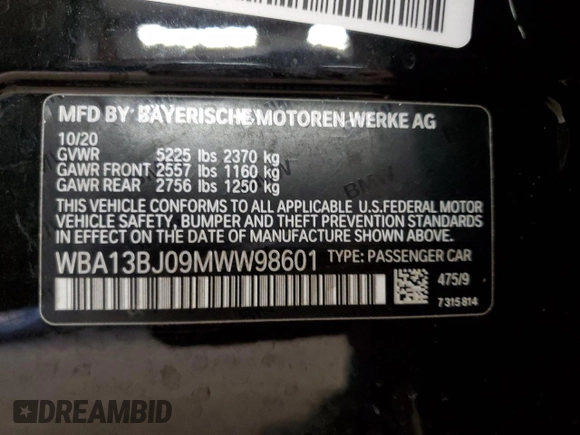 2021 BMW 5 Series 530i xDrive with VIN WBA13BJ09MWW98601, listed as a Copart auction lot 50370205 with 40,987 mi miles and Salvage Title. Bid and sale history available at carsss.com. Image 13.
