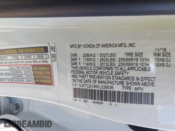 2019 Acura RDX with VIN 5J8TC2H36KL026636, listed as a IAAI auction lot 40441113 with 1 mi miles. Bid and sale history available at carsss.com. Image 9.