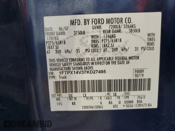 2007 Ford F-150 XLT with VIN 1FTPX14V37KD27495, listed as a Copart auction lot 56120405 with 96,557 mi miles and Salvage title. Bid and sale history available at DreamBid. Image 12.