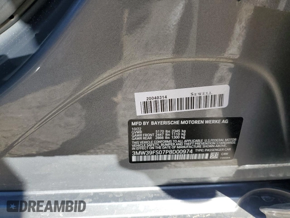 2023 BMW 3 Series 330e xDrive with VIN 3MW39FS07P8D00974, listed as a Copart auction lot 84912304 with 18,879 mi miles and Salvage Title. Bid and sale history available at carsss.com. Image 13.