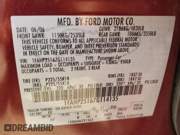 2007 Ford Five Hundred Limited with VIN 1FAHP25167G114135, listed as a Copart auction lot 66188774 with 112,621 mi miles and Salvage Title. Bid and sale history available at carsss.com. Image 13.