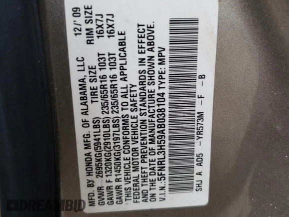 2010 Honda Odyssey EX with VIN 5FNRL3H59AB038104, listed as a Copart auction lot 84688894 with 317,028 mi miles and Salvage title. Bid and sale history available at DreamBid. Image 15.