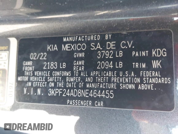 2022 Kia Forte LXS z VIN 3KPF24AD8NE464455, wystawiony jako IAAI lot #41710075 z przebiegiem 44 666 mil mil oraz . Historia ofert i sprzedaży dostępna na DreamBid. Obrazek 9.