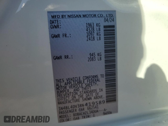 2024 Nissan Altima SV with VIN 1N4BL4DV3RN419589, listed as a Copart auction lot 66077785 with 28,583 mi miles and Clean title. Bid and sale history available at DreamBid. Image 13.