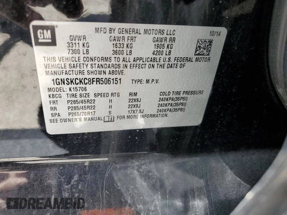 2015 Chevrolet Tahoe LTZ z VIN 1GNSKCKC8FR506151, wystawiony jako Copart lot #59948174 z przebiegiem Nie podano mil oraz Szkoda całkowita • Salvage title. Historia ofert i sprzedaży dostępna na DreamBid. Obrazek 16.