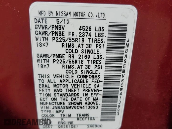 2012 Nissan Rogue S with VIN JN8AS5MV6CW413693, listed as a Copart auction lot 53064725 with 144,178 mi miles and Salvage Title. Bid and sale history available at DreamBid. Image 13.