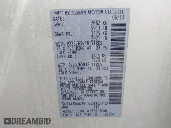 2014 Infiniti QX60 with VIN 5N1AL0MM7EC500070, listed as a IAAI auction lot 42544763 with 189,419 mi miles and . Bid and sale history available at DreamBid. Image 9.