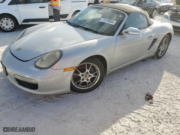2007 Porsche Boxster with VIN WP0CA29867U711901, listed as a Copart auction lot 77470004 with 0 mi miles and Salvage Title. Bid and sale history available at carsss.com. Image 1.