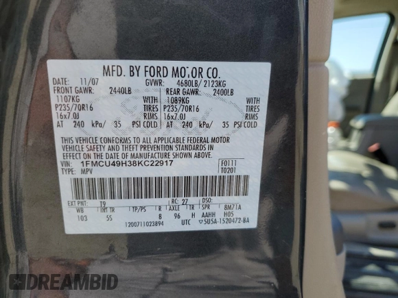2008 Ford Escape Hybrid с VIN 1FMCU49H38KC22917, выставлен на аукционе Copart как лот 50719335 с пробегом 185 765 миль миль и Списание • Salvage title. История ставок и продаж доступна на DreamBid. Изображение 15.
