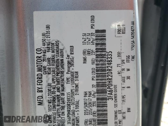 2013 Ford Fusion SE with VIN 3FA6P0HR2DR248335, listed as a Copart auction lot 62036255 with 178,906 mi miles and Clean title. Bid and sale history available at DreamBid. Image 13.