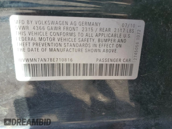 2011 Volkswagen CC Sport with VIN WVWMN7AN7BE710816, listed as a Copart auction lot 76972144 with 190,427 mi miles and Salvage Title. Bid and sale history available at DreamBid. Image 12.