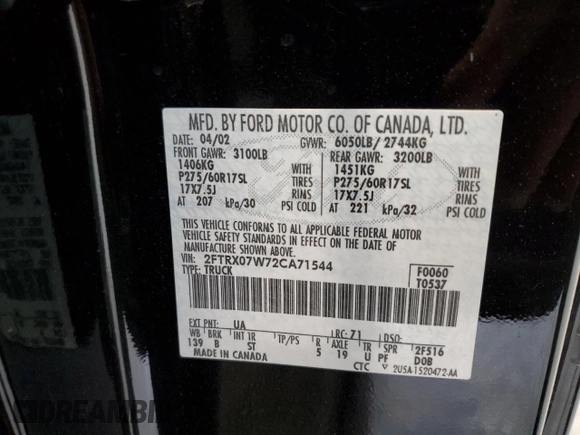 2002 Ford F-150 XL with VIN 2FTRX07W72CA71544, listed as a Copart auction lot 81628694 with 313,663 mi miles and Salvage title. Bid and sale history available at DreamBid. Image 12.