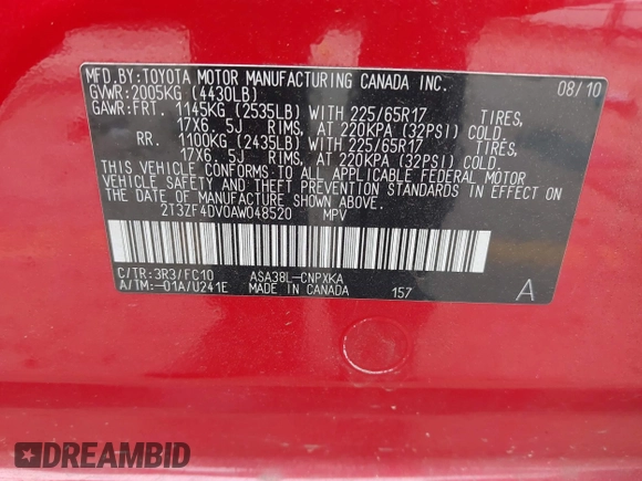2010 Toyota RAV4 with VIN 2T3ZF4DV0AW048520, listed as a IAAI auction lot 42492285 with 216,097 mi miles and . Bid and sale history available at DreamBid. Image 9.
